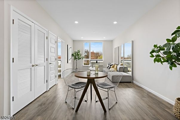 Dining room, Interior, Living room, Recessed Lighting, Wood Texture Flooring