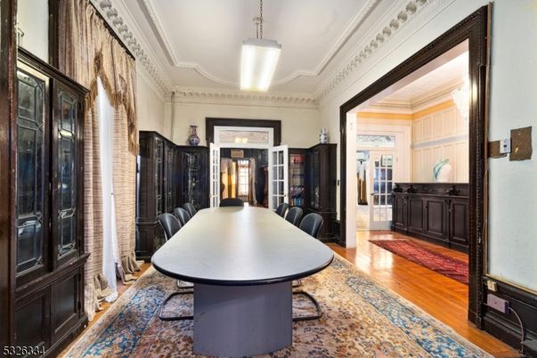 Dining room, Interior, Pendant Lights, Wood Texture Flooring