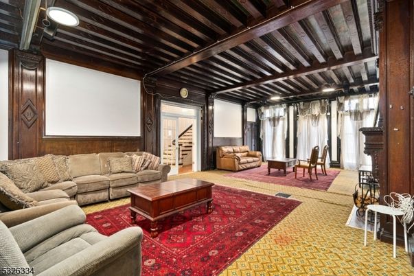 Interior, Living room, Projection Screen, Recessed Lighting, Wooden Beams