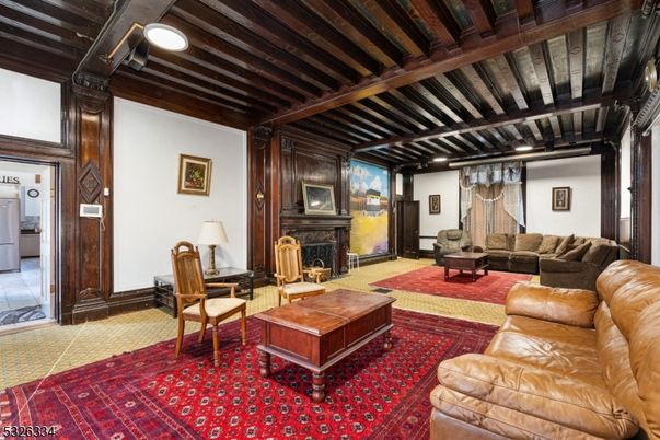 Fireplace, Interior, Living room, Recessed Lighting, Wooden Beams, Wooden Ceilings