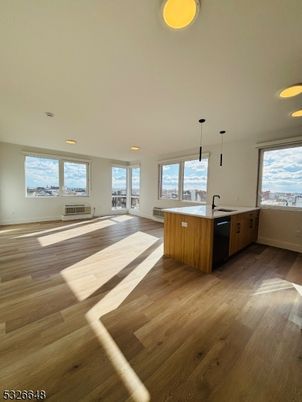 Empty room, Interior, Kitchen, Pendant Lights, Recessed Lighting, Wood Texture Flooring