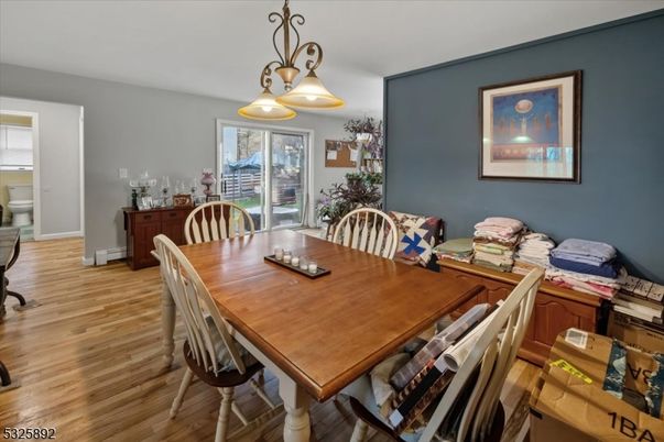 Dining room, Interior, Pendant Lights, Wood Texture Flooring