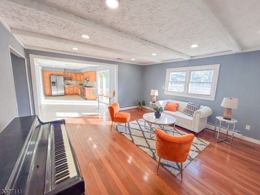 Interior, Kitchen, Living room, Piano, Recessed Lighting, Stainless Steel Appliances, Wood Texture Flooring