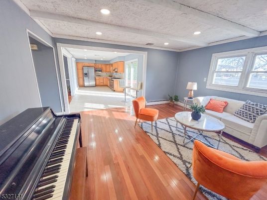 Interior, Kitchen, Living room, Piano, Recessed Lighting, Stainless Steel Appliances, Wood Texture Flooring