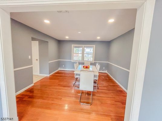 Dining room, Interior, Recessed Lighting, Wood Texture Flooring