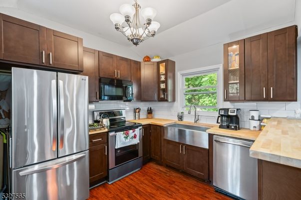 Chandelier, Interior, Kitchen, Stainless Steel Appliances, Wood Texture Flooring