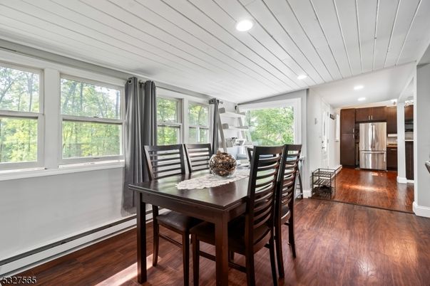 Dining room, Interior, Kitchen, Recessed Lighting, Stainless Steel Appliances, Wood Texture Flooring