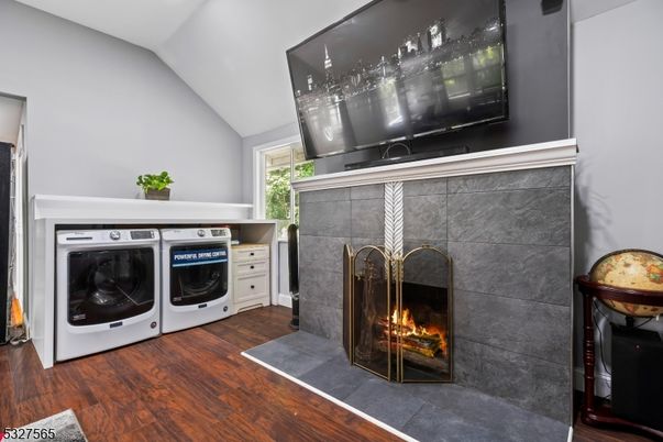 Fireplace, Interior, Washer, Wood Texture Flooring