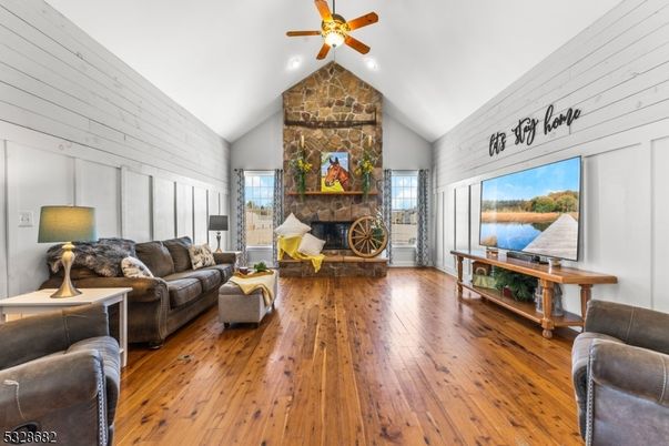 Fireplace, Interior, Living room, Stone Walls, Wood Texture Flooring
