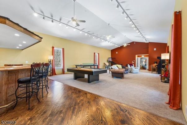 Billiard Table, Game Room, Interior, Pendant Lights, Recessed Lighting, Wood Texture Flooring