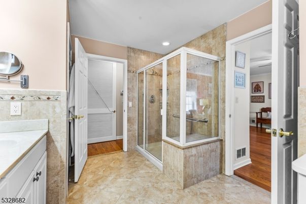 Bathroom, Glass Shower, Interior, Recessed Lighting, Wood Texture Flooring