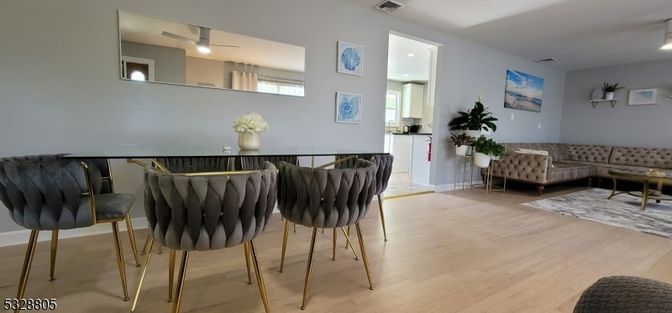 Dining room, Interior, Living room, Recessed Lighting, Wood Texture Flooring