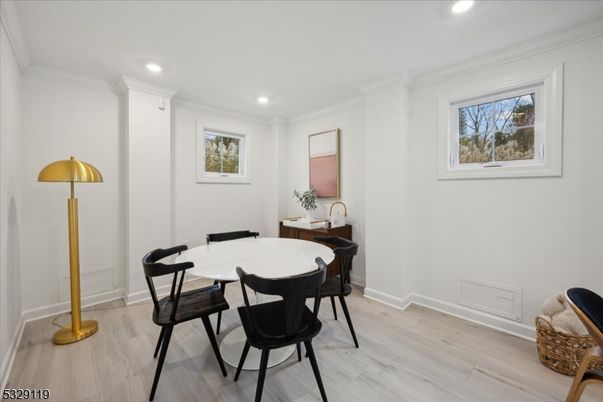 Dining room, Interior, Recessed Lighting, Wood Texture Flooring