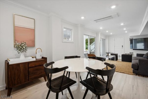 Dining room, Interior, Living room, Recessed Lighting, Wood Texture Flooring