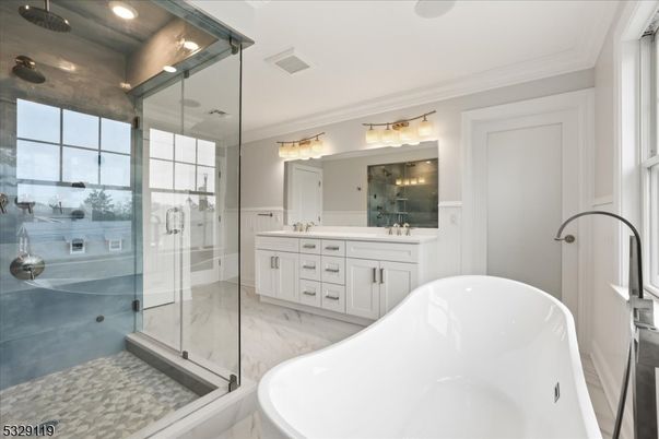 Bathroom, Dual Sink Vanities, Free Standing Baths, Glass Shower, Interior, Recessed Lighting