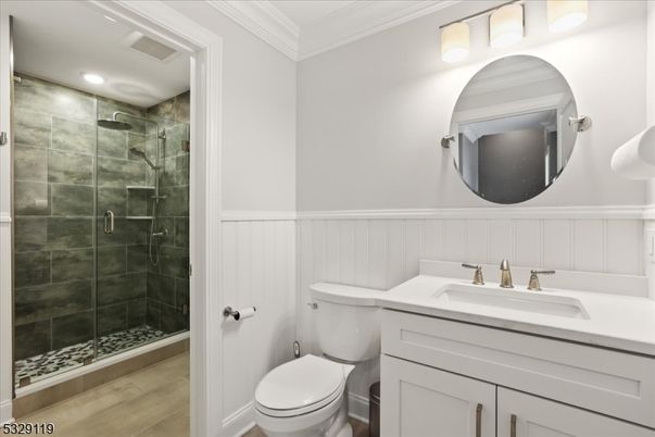 Bathroom, Glass Shower, Interior, Recessed Lighting, Wood Texture Flooring