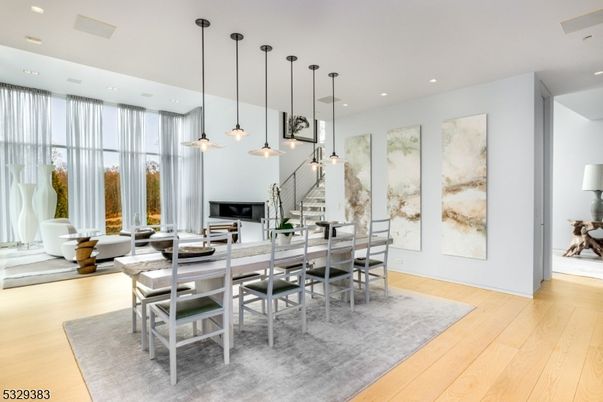 Dining room, Interior, Pendant Lights, Recessed Lighting, Wood Texture Flooring