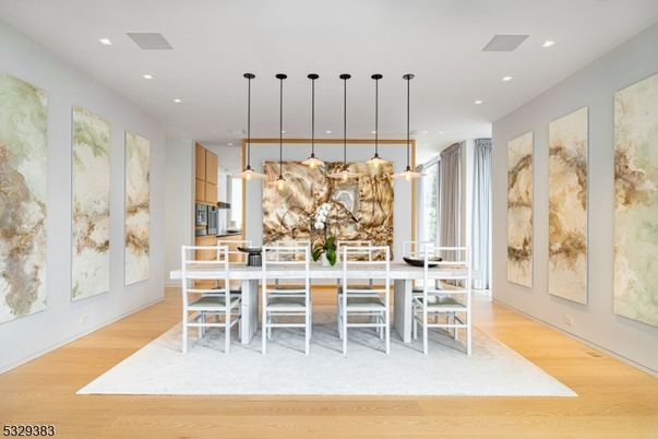 Dining room, Interior, Pendant Lights, Recessed Lighting, Wood Texture Flooring