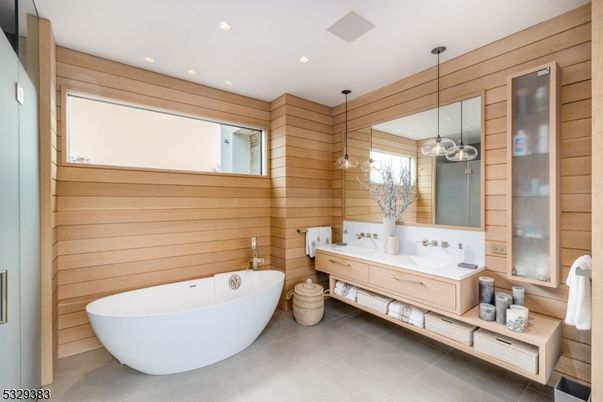 Bathroom, Dual Sink Vanities, Free Standing Baths, Interior, Pendant Lights, Recessed Lighting, Wooden Walls