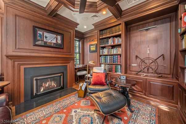 Fireplace, Home Office, Interior, Recessed Lighting, Wooden Beams, Wooden Ceilings, Wood Texture Flooring, Wooden Walls