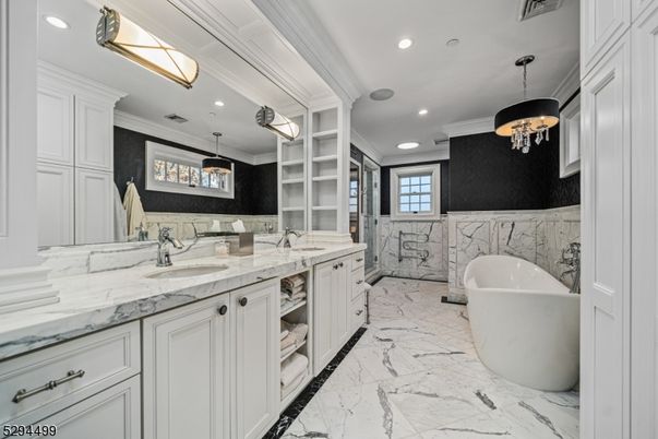 Bathroom, Chandelier, Dual Sink Vanities, Free Standing Baths, Interior, Marble, Pendant Lights, Recessed Lighting