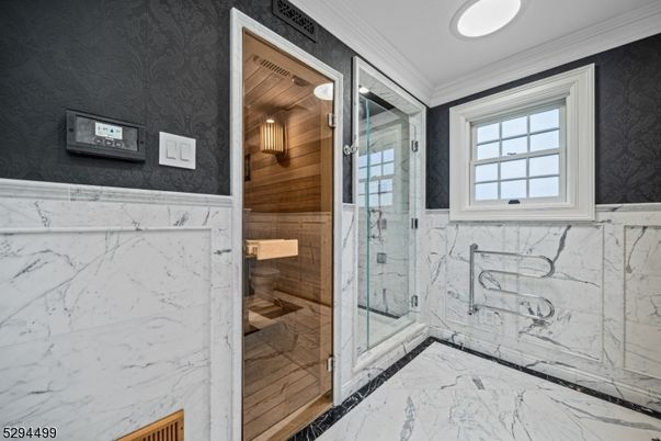 Bathroom, Glass Shower, Interior, Marble, Marble Walls, Recessed Lighting, Sauna Room