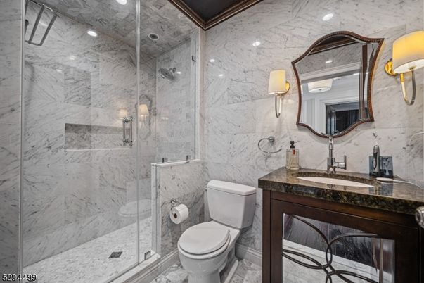 Bathroom, Glass Shower, Interior, Marble Walls, Recessed Lighting