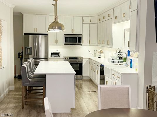 Interior, Kitchen, Pendant Lights, Stainless Steel Appliances, Wood Texture Flooring