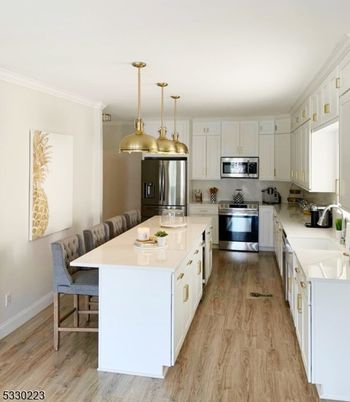Interior, Kitchen, Pendant Lights, Stainless Steel Appliances, Wood Texture Flooring