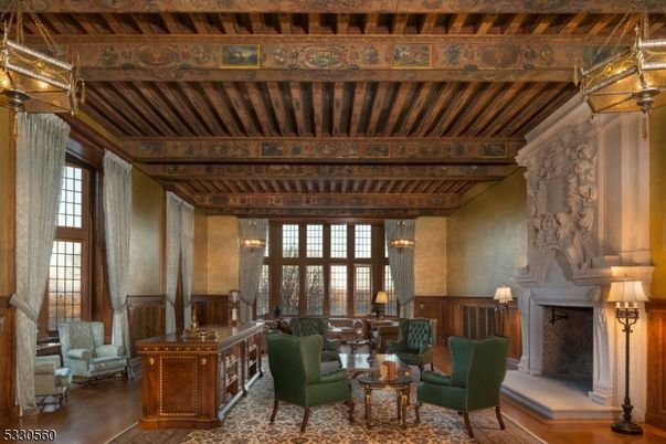 Fireplace, Interior, Living room, Pendant Lights, Wooden Beams, Wood Texture Flooring
