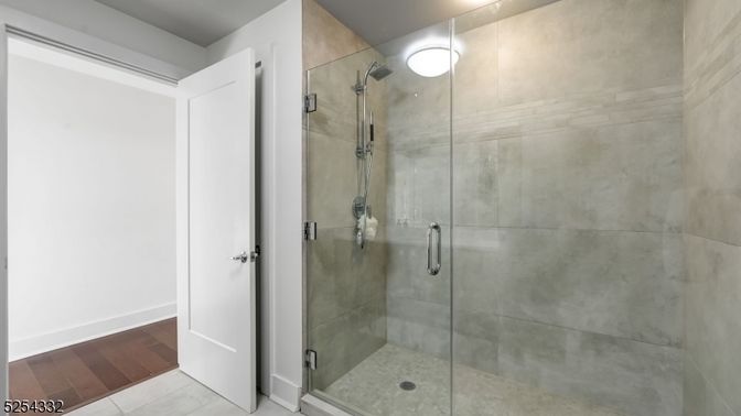 Bathroom, Glass Shower, Interior, Wood Texture Flooring