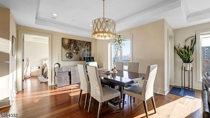 Bedroom, Chandelier, Dining room, Interior, Pendant Lights, Recessed Lighting, Wood Texture Flooring