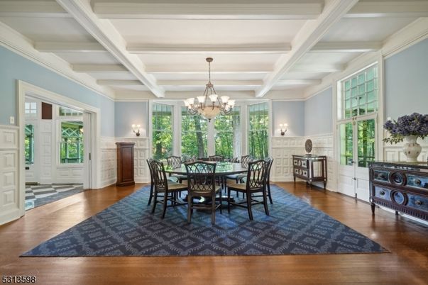 Chandelier, Dining room, Interior, Wood Texture Flooring
