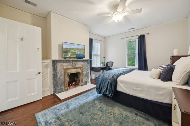 Bedroom, Fireplace, Interior, Wood Texture Flooring