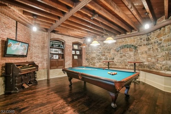 Billiard Table, Game Room, Interior, Pendant Lights, Stone Walls, Wooden Beams, Wooden Ceilings, Wood Texture Flooring