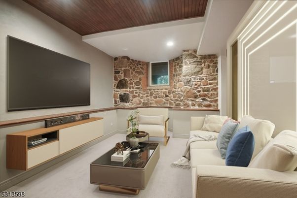 Interior, Living room, Recessed Lighting, Stone Walls, Wooden Ceilings