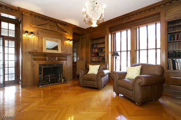 Chandelier, Empty room, Fireplace, Interior, Wood Texture Flooring, Wooden Walls