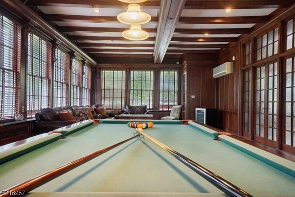 Billiard Table, Game Room, Interior, Living room, Pendant Lights, Recessed Lighting, Wooden Beams, Wooden Walls