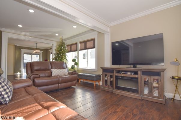 Chandelier, Interior, Living room, Recessed Lighting, Wood Texture Flooring