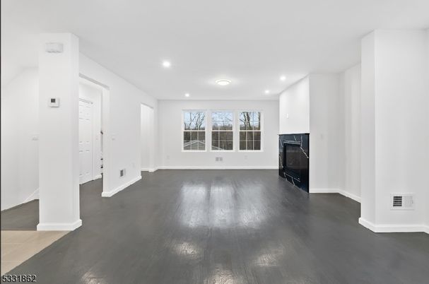 Empty room, Fireplace, Interior, Recessed Lighting, Wood Texture Flooring