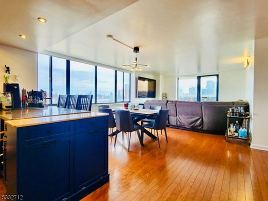Dining room, Interior, Living room, Pendant Lights, Recessed Lighting, Wood Texture Flooring