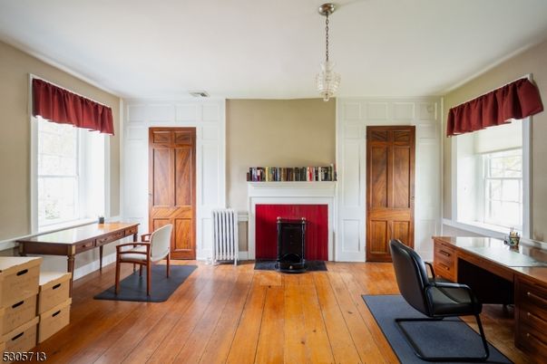Fireplace, Home Office, Interior, Pendant Lights, Wood Texture Flooring
