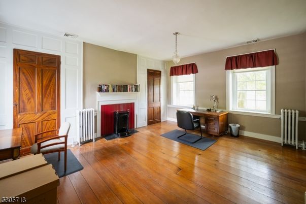Fireplace, Home Office, Interior, Pendant Lights, Wood Texture Flooring