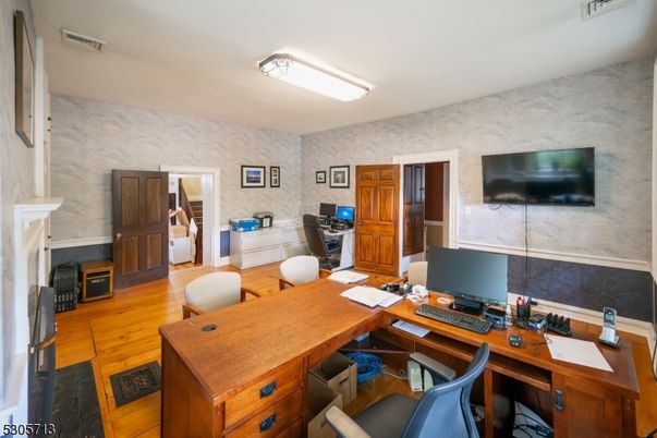 Fireplace, Home Office, Interior, Stone Walls, Wood Texture Flooring