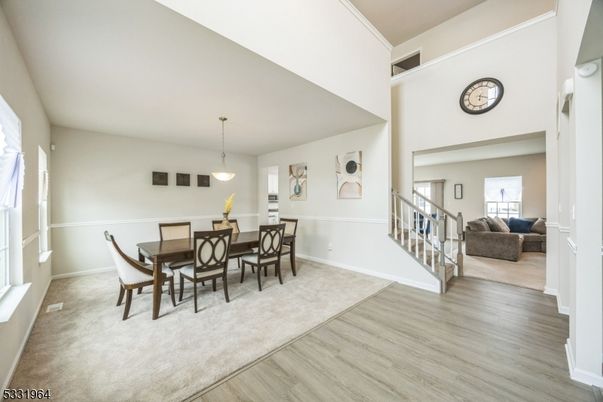 Dining room, Interior, Pendant Lights, Wood Texture Flooring