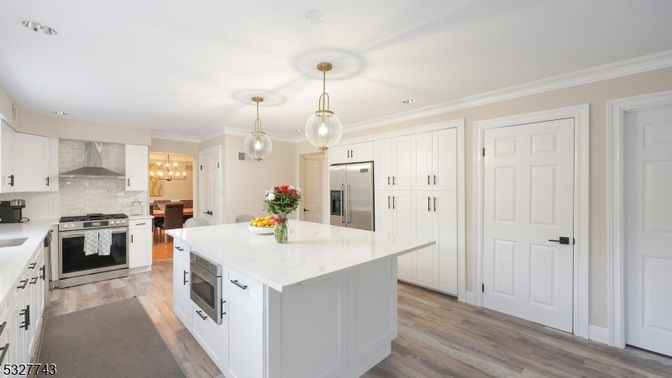 Interior, Kitchen, Pendant Lights, Recessed Lighting, Stainless Steel Appliances, Wood Texture Flooring