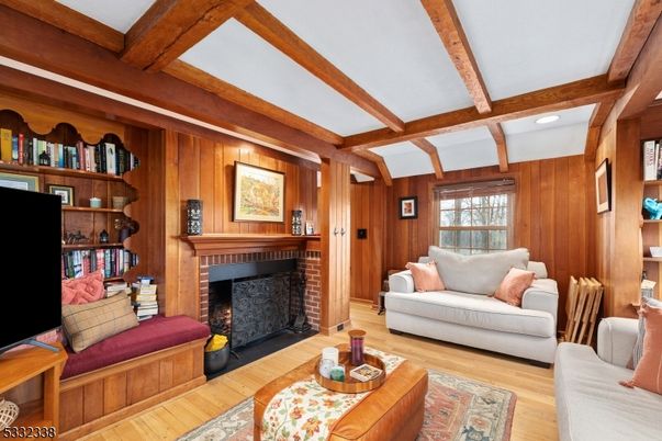 Fireplace, Interior, Living room, Recessed Lighting, Wooden Beams, Wood Texture Flooring, Wooden Walls