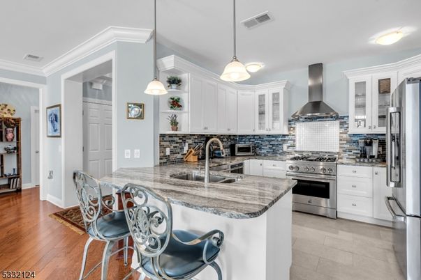 Interior, Kitchen, Pendant Lights, Stainless Steel Appliances, Wood Texture Flooring