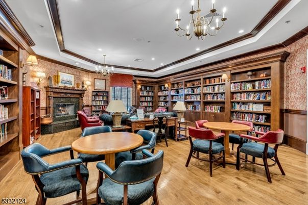 Chandelier, Fireplace, Home Office, Interior, Recessed Lighting, Wood Texture Flooring