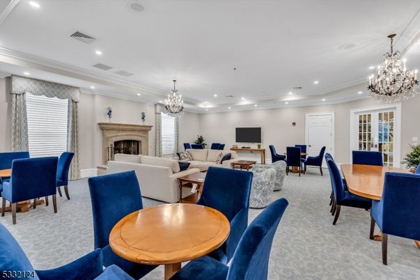 Chandelier, Dining room, Fireplace, Interior, Living room, Recessed Lighting